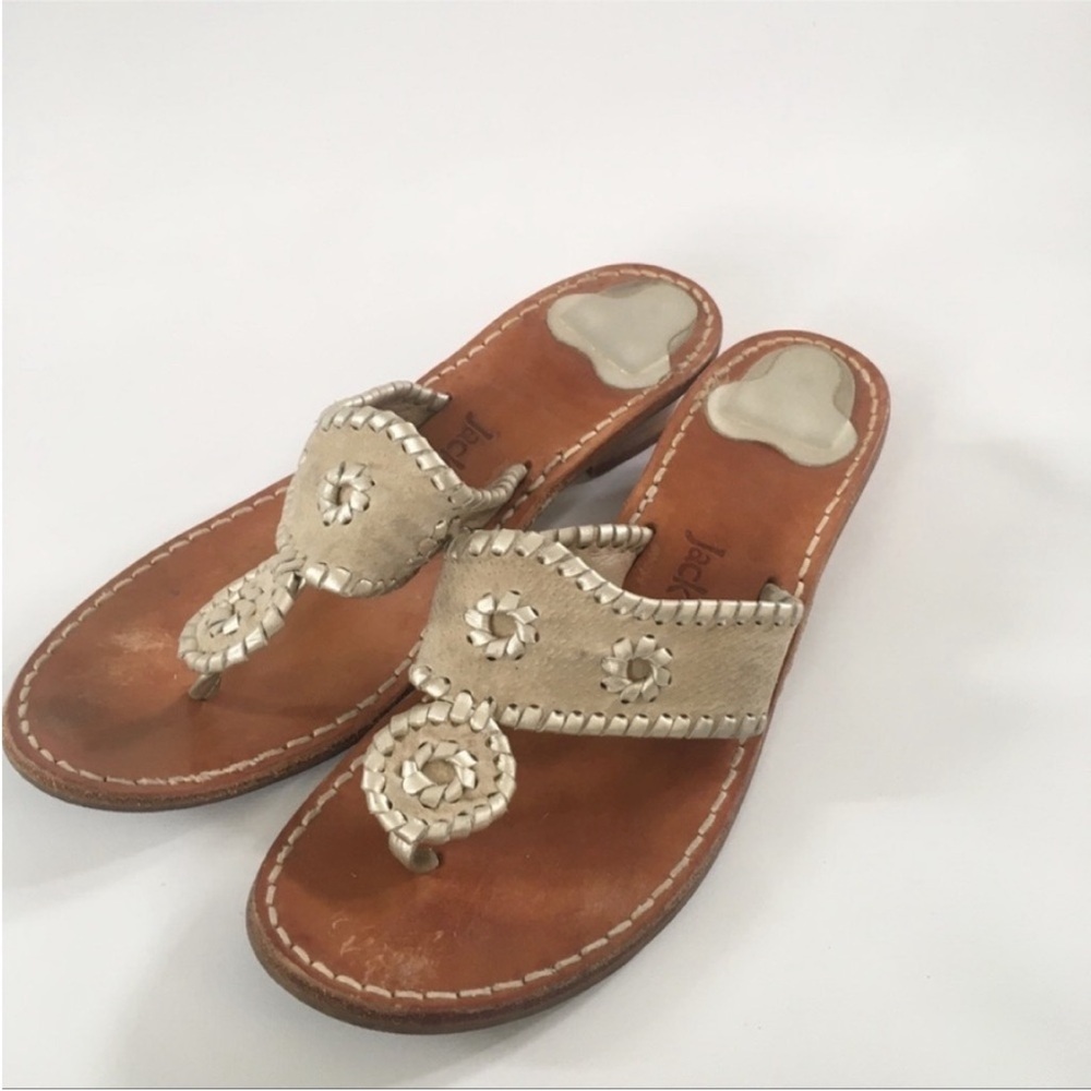 🍀3/$30 Jack Rogers Stardust Sandals leather whip stitching metallic block heel